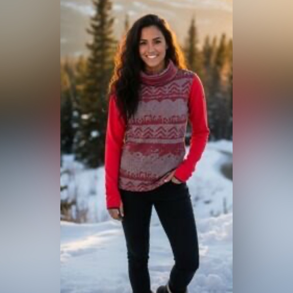 Nike Womens Cowl‎ Neck Top Workout Dri Fit Pullover Red Color Aztec Sz L Ski